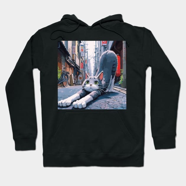 Cat stretching on tokyo street Hoodie by TomFrontierArt